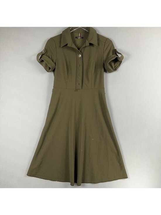 Tommy Hilfiger Dresses & Skirts - Tommy Hilfiger Shirt Dress Size 4 Olive Green Button Front Fit Flare Rolled Slee